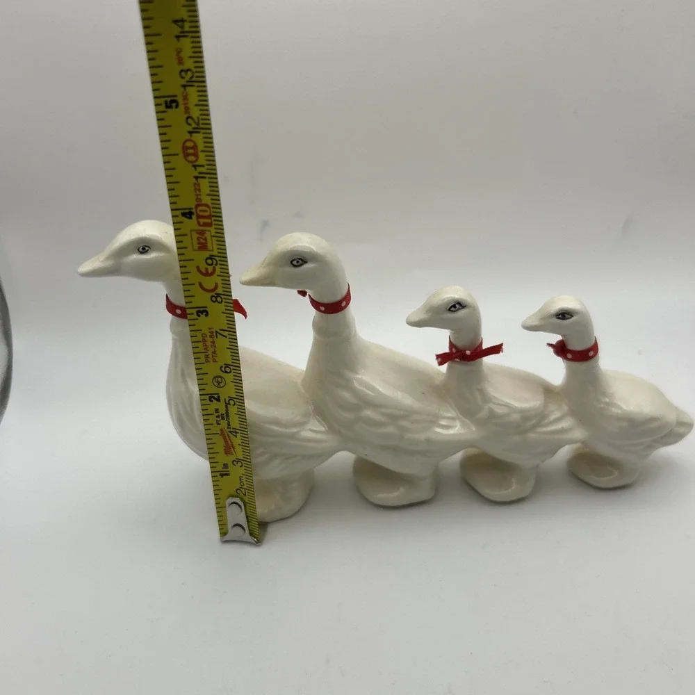 Vintage White Goose Figurines Set of 4 Red Ribbon Collars Farmhouse‎ Decor